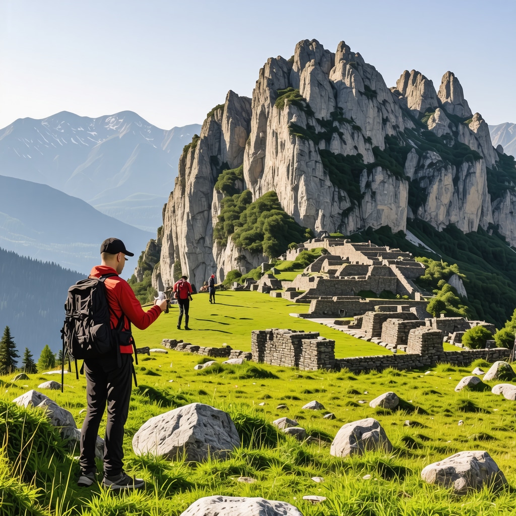 Hikers in Sinaia Bucegi Mountains observing rare butterflies near ancient ruins