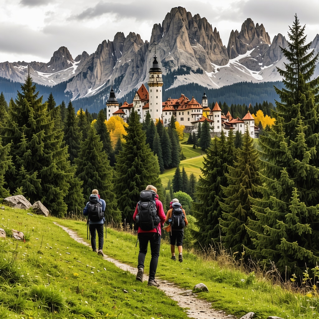 Hikers exploring Bucegi Mountains near Peleș Castle with autumn foliage, using GPS devices for sustainable tourism