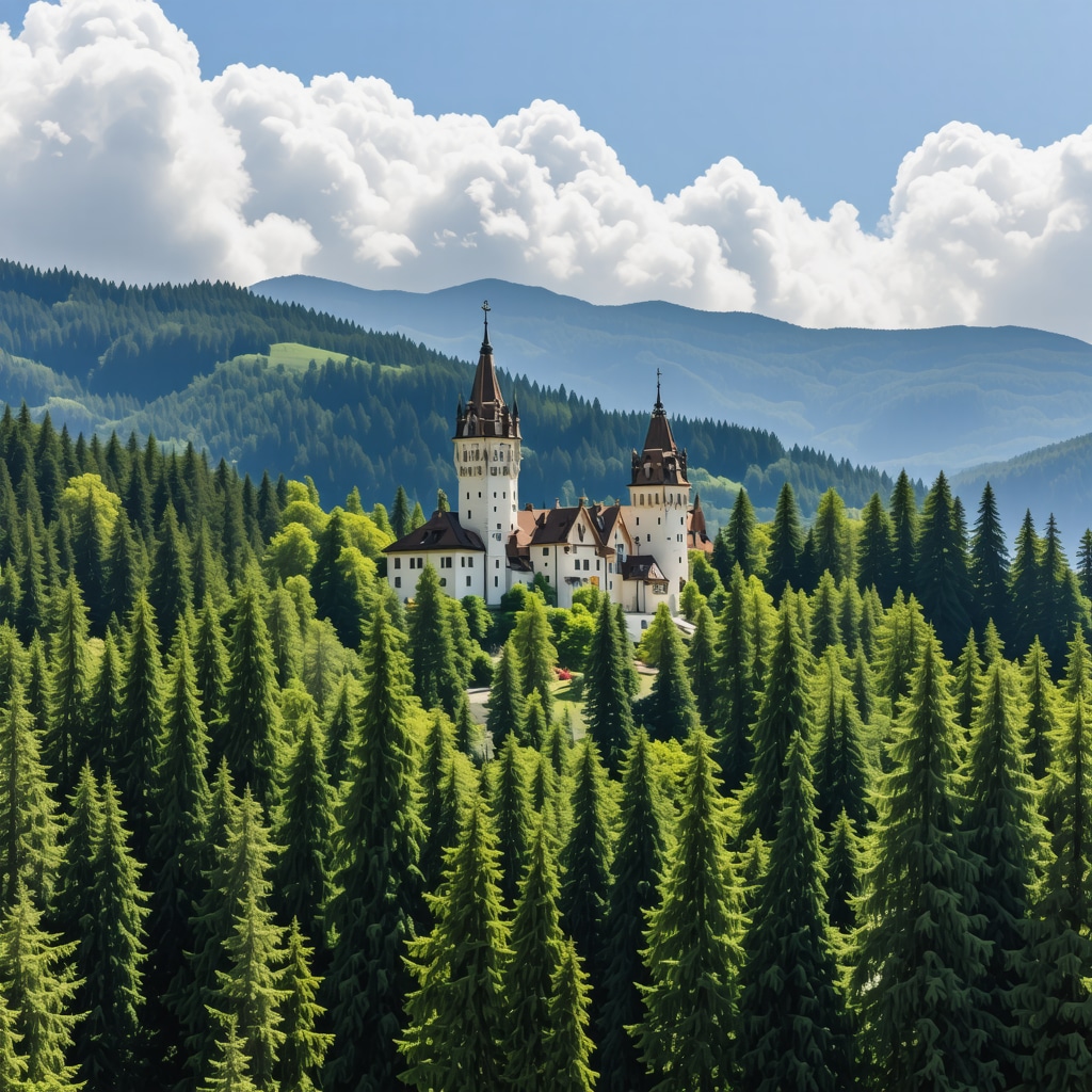 Panoramic view of Peles Castle in Sinaia with augmented reality elements showing historical and natural features