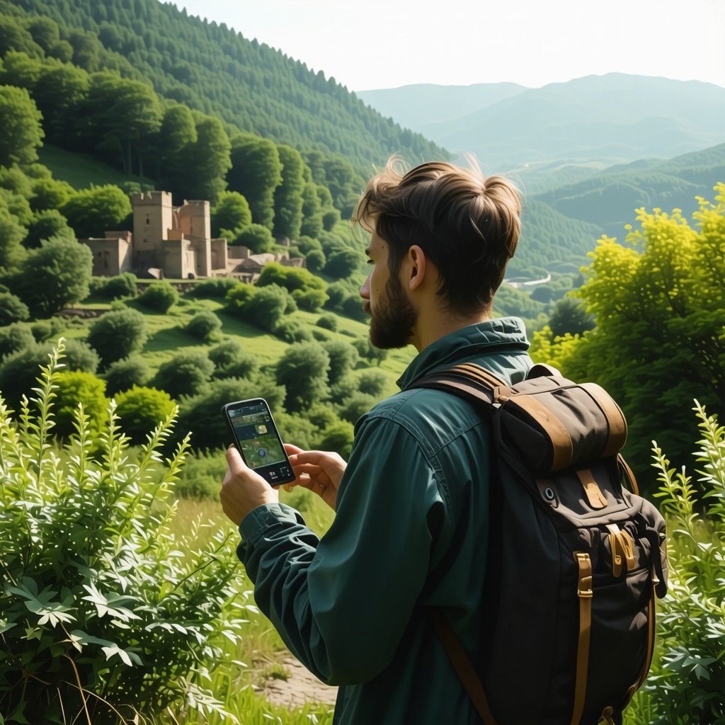 Hiker using augmented reality app on smartphone in Sjenica nature with historical ruins