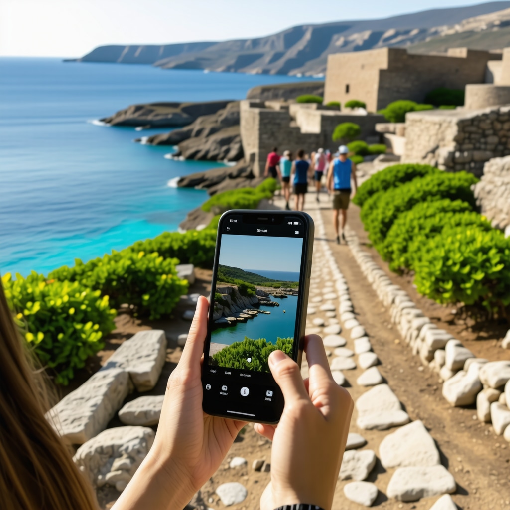 Hikers using a mobile app on a coastal trail near ancient ruins in Nin, Croatia, demonstrating sustainable tourism technology