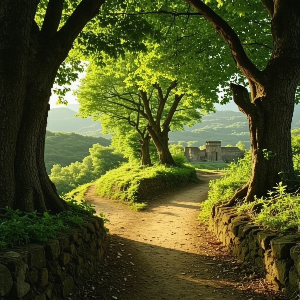Peaceful hiking trail in Sokobanja National Park with visible historical ruins and morning sunlight