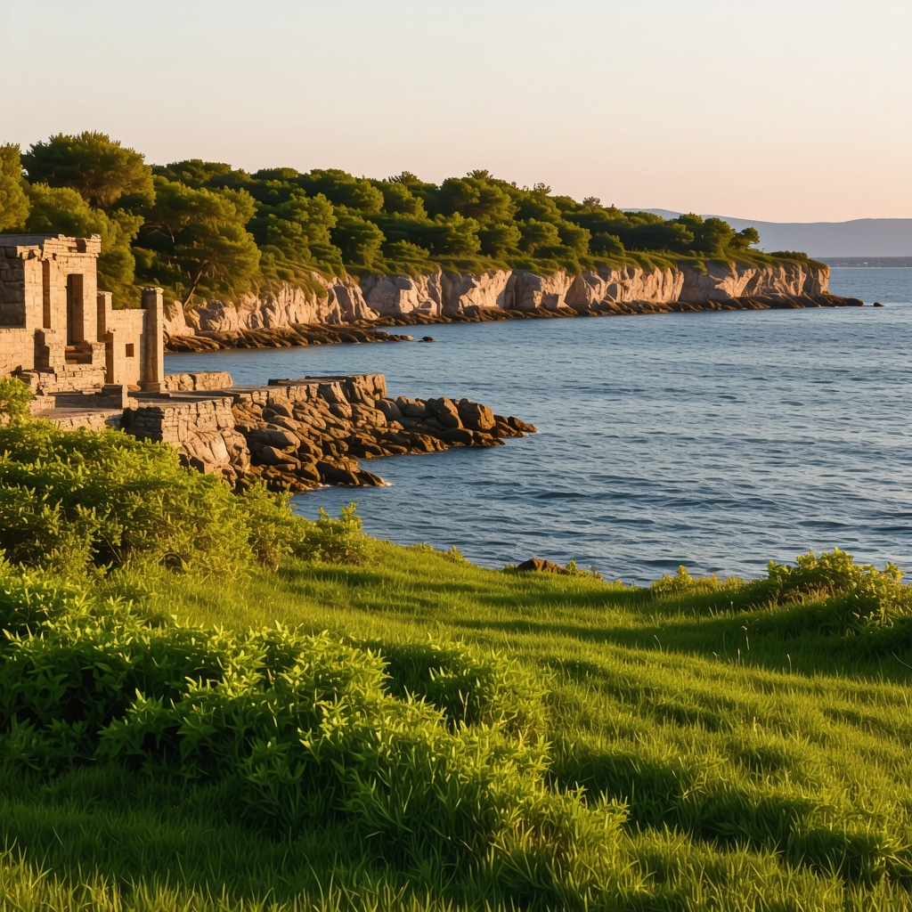 Panoramic sunset view of Sozopol coast showing ancient ruins alongside lush nature and calm sea