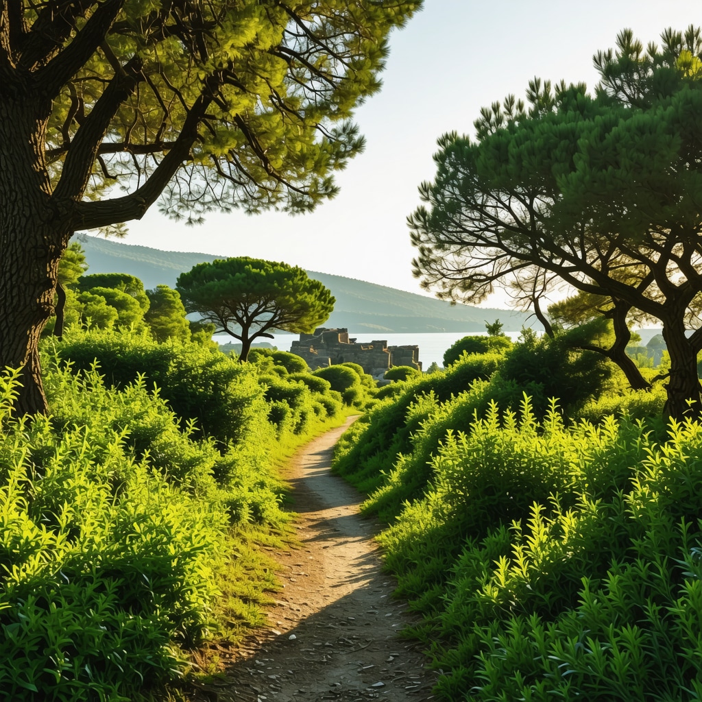 Forest trail in Sozopol with ancient ruins and Black Sea coastline visible