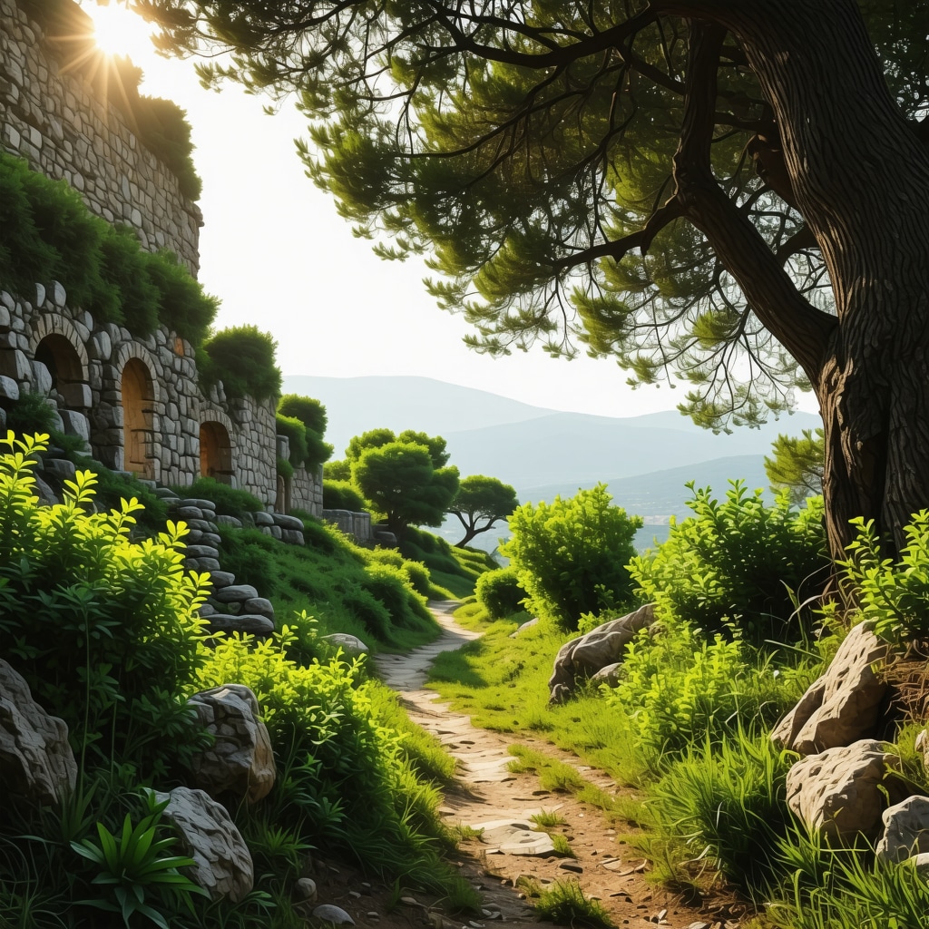 Hiking trail in Sozopol featuring ancient ruins surrounded by greenery