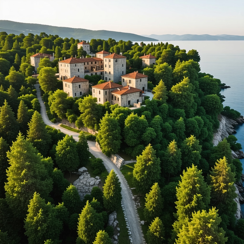 Harmonic aerial view of Sozopol historic buildings and surrounding forests with digital technology overlay