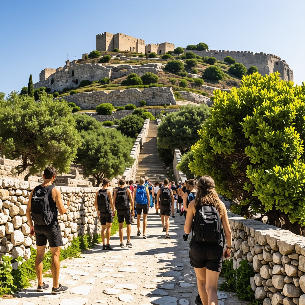 Hikers on Split's Marjan Hill using augmented reality guides with views of ancient ruins and Mediterranean nature