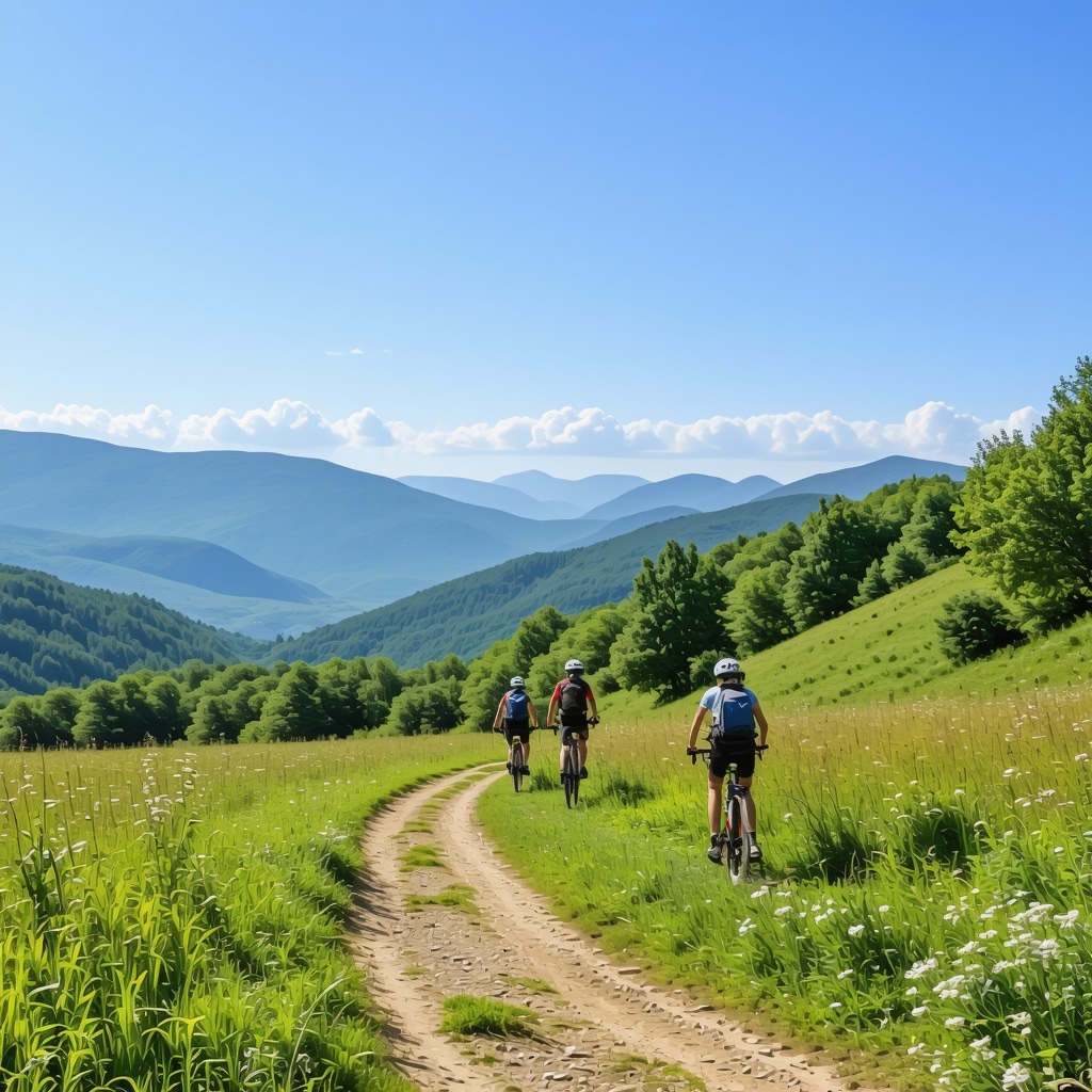 Hikers and bikers exploring Stara Planina mountains near Knjaževac with lush green landscape