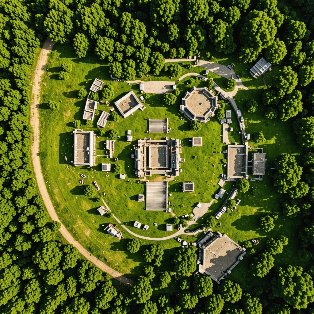 Aerial image showing Stobi archaeological site with digital Lidar and 3D modeling overlays surrounded by green nature and eco-tourism paths