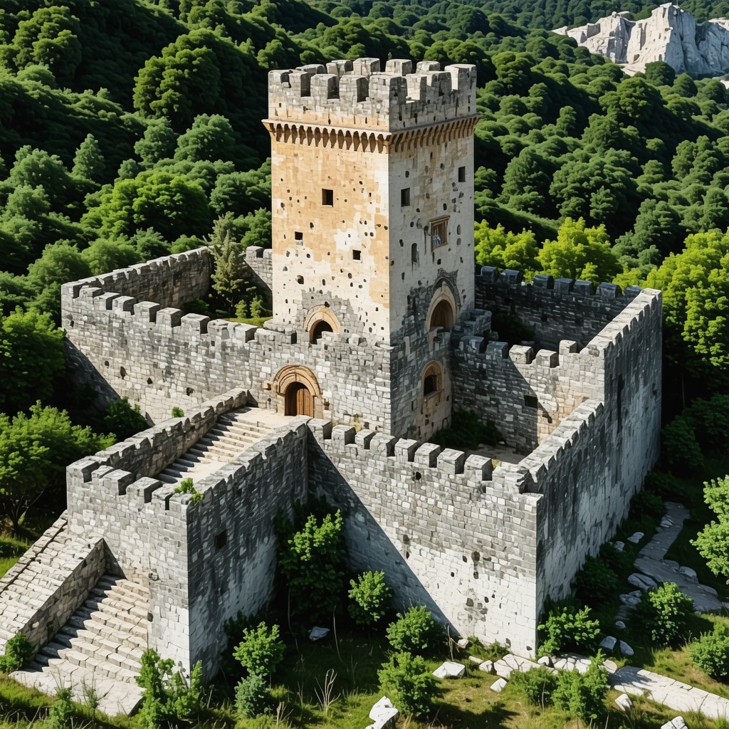 Archaeological 3D scan overlay on Stolac Castle ruins with green natural surroundings symbolizing ecotourism