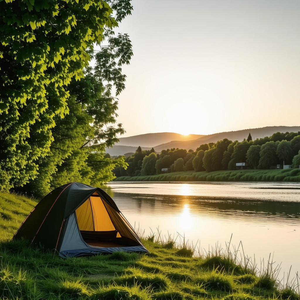 Camping tent near Drava River at sunrise with lush green surroundings and hills in Maribor