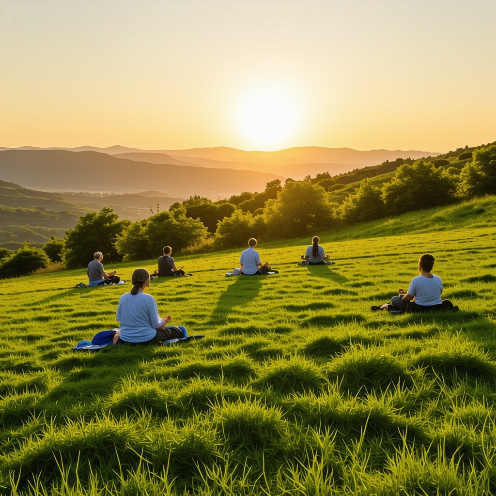 Pilgrims meditating peacefully at sunrise on Podbrdo Hill surrounded by lush greenery in Međugorje