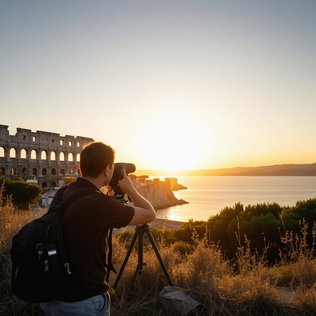 Photographer capturing sunrise over Pula's ancient Roman amphitheater and coastal scenery