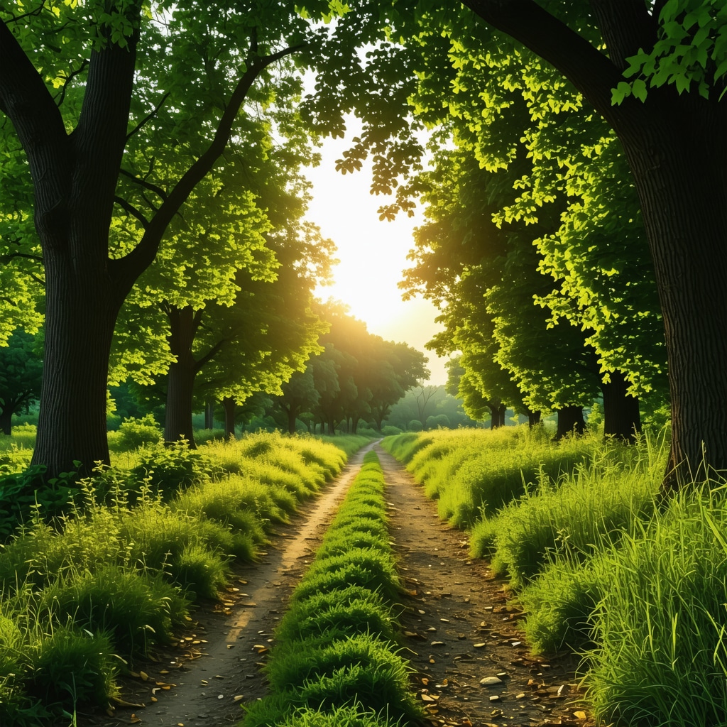 Sunrise illuminating lush trees and walking trail in Polonezköy Nature Park