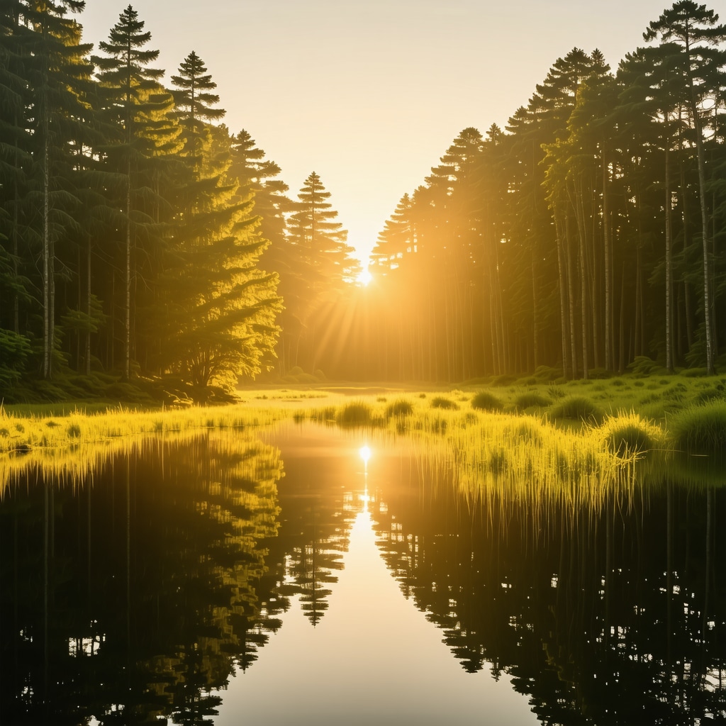 Sunrise with golden light shining through forest trees and reflecting on a pond in Rozaje National Park