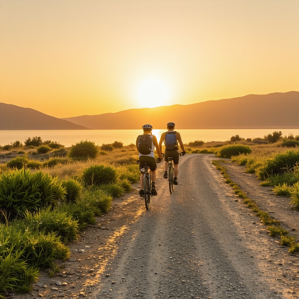 Sunrise view of Altın Kumlar coastal hiking and cycling trails with nature enthusiasts