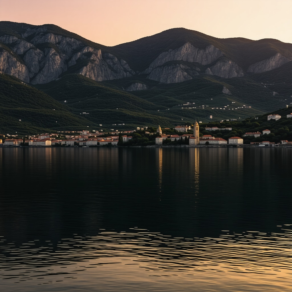 Sunrise view showing calm waters of Kotor Bay surrounded by green mountains and historic buildings