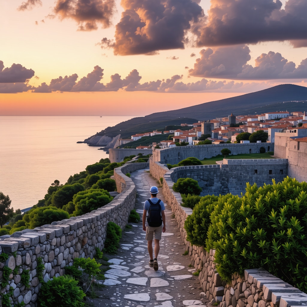 A sunset hiking trail with vibrant sky over Dubrovnik's ancient walls and Adriatic Sea, with a lone hiker