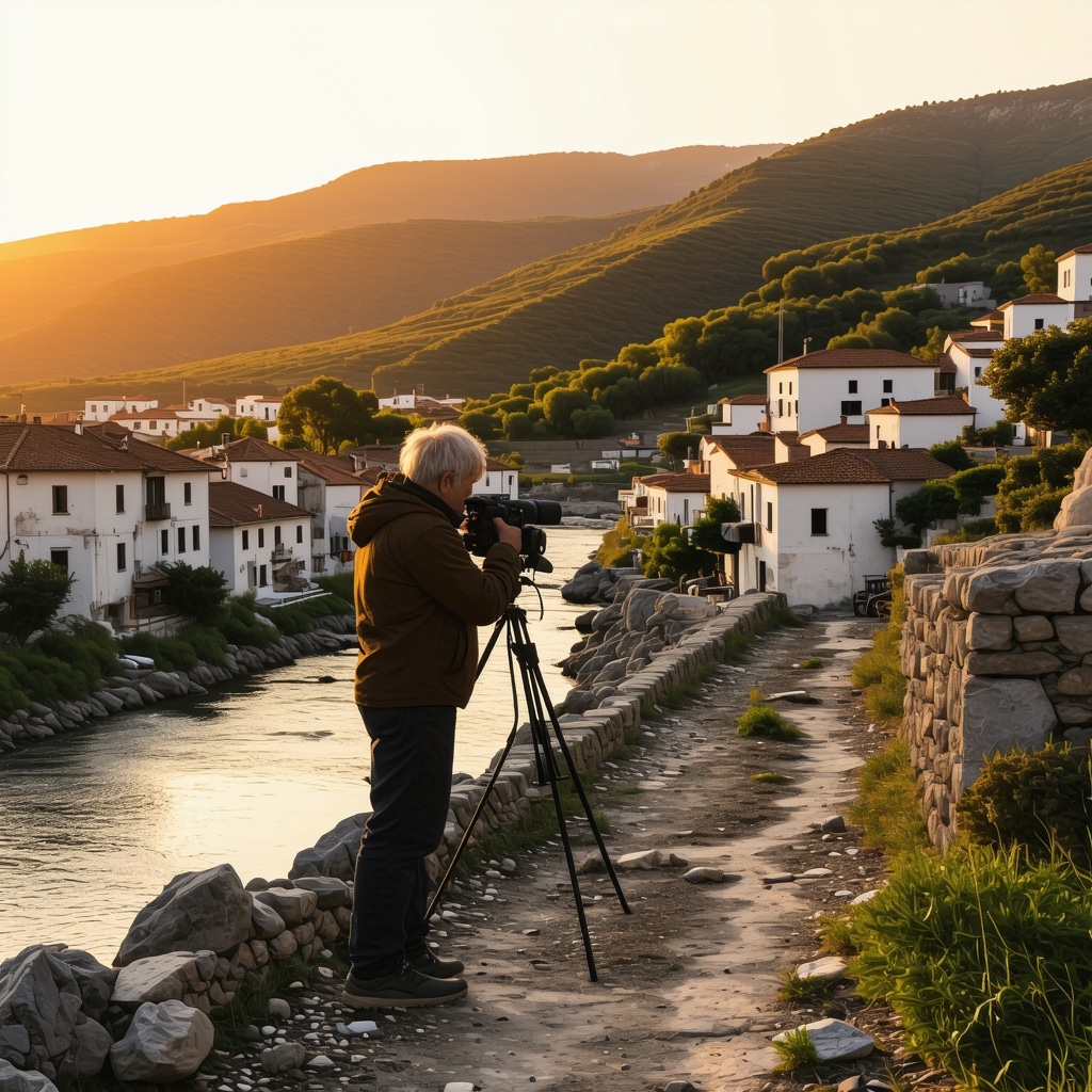 Photographer capturing golden hour sunset lighting on whitewashed houses and river in Berat