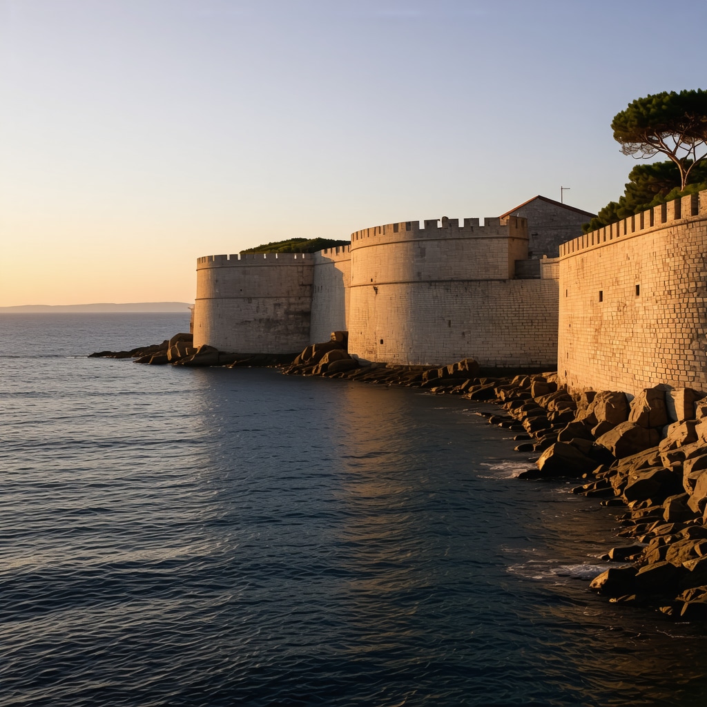Dubrovnik ancient stone walls along Adriatic coast at sunset with warm light