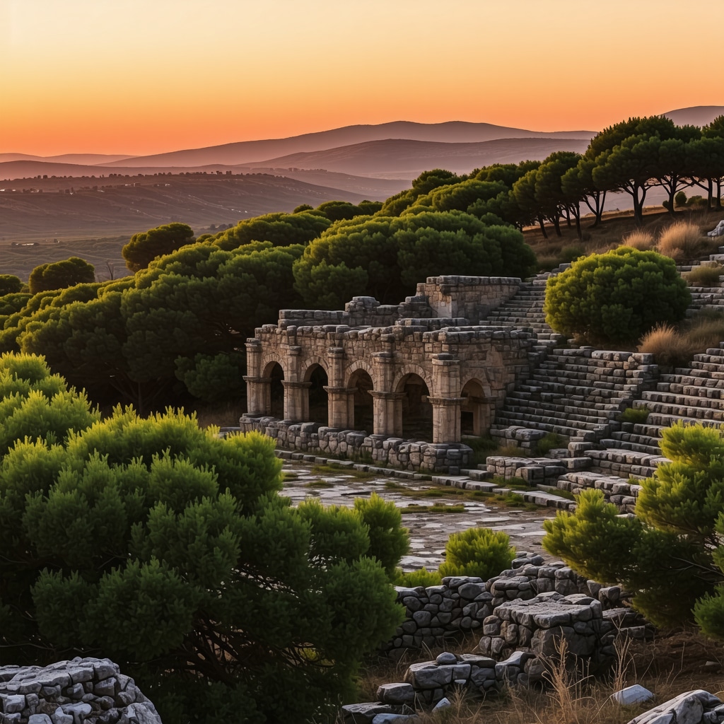 Sunset casting warm light and shadows on Apollonia ancient theater ruins surrounded by pine trees