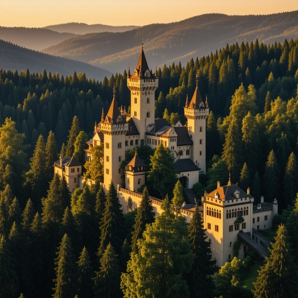 Peles Castle glowing in golden sunset light with Carpathian Mountains in background