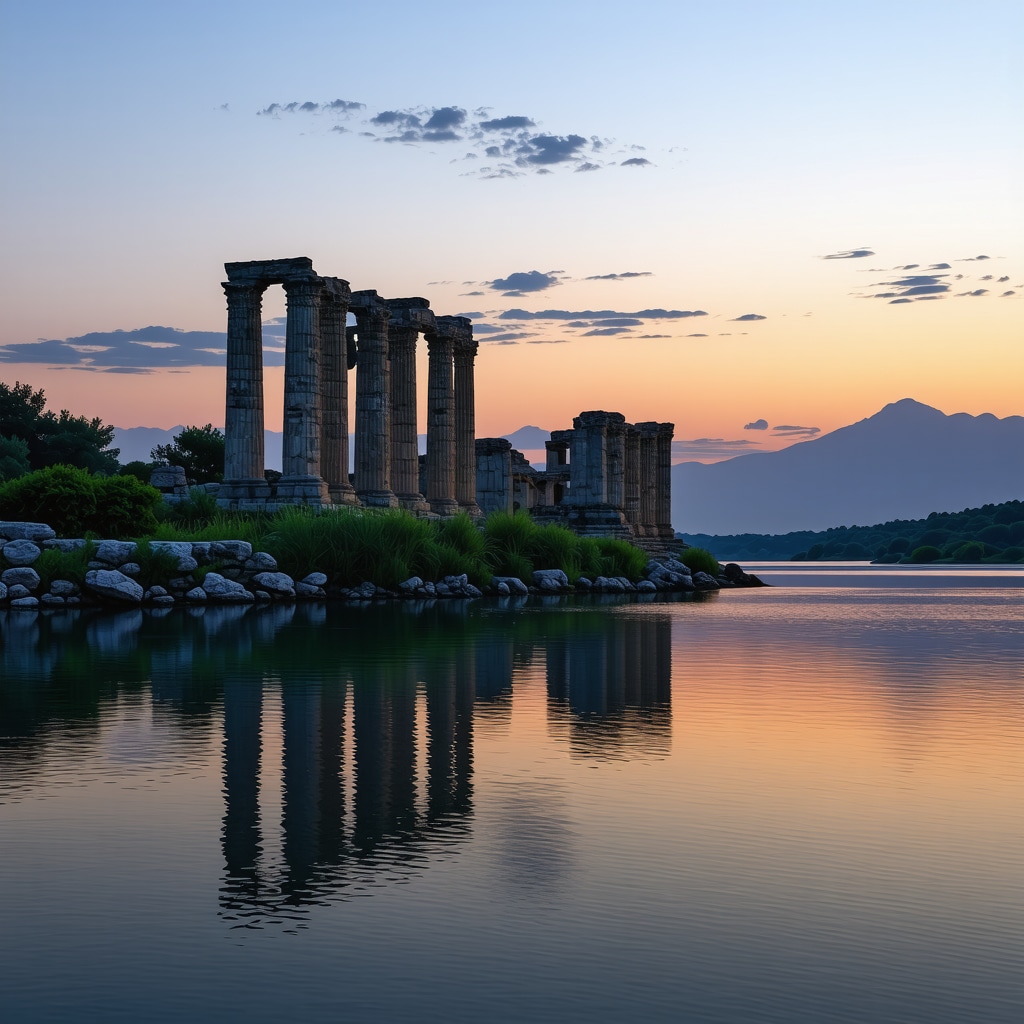 Sunset view of Butrint lagoon with ancient ruins in silhouette, showcasing natural and historical beauty
