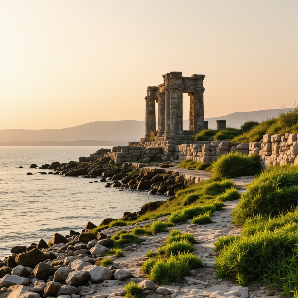 Sunset view of Çanakkale coast showcasing historical ruins and lush nature