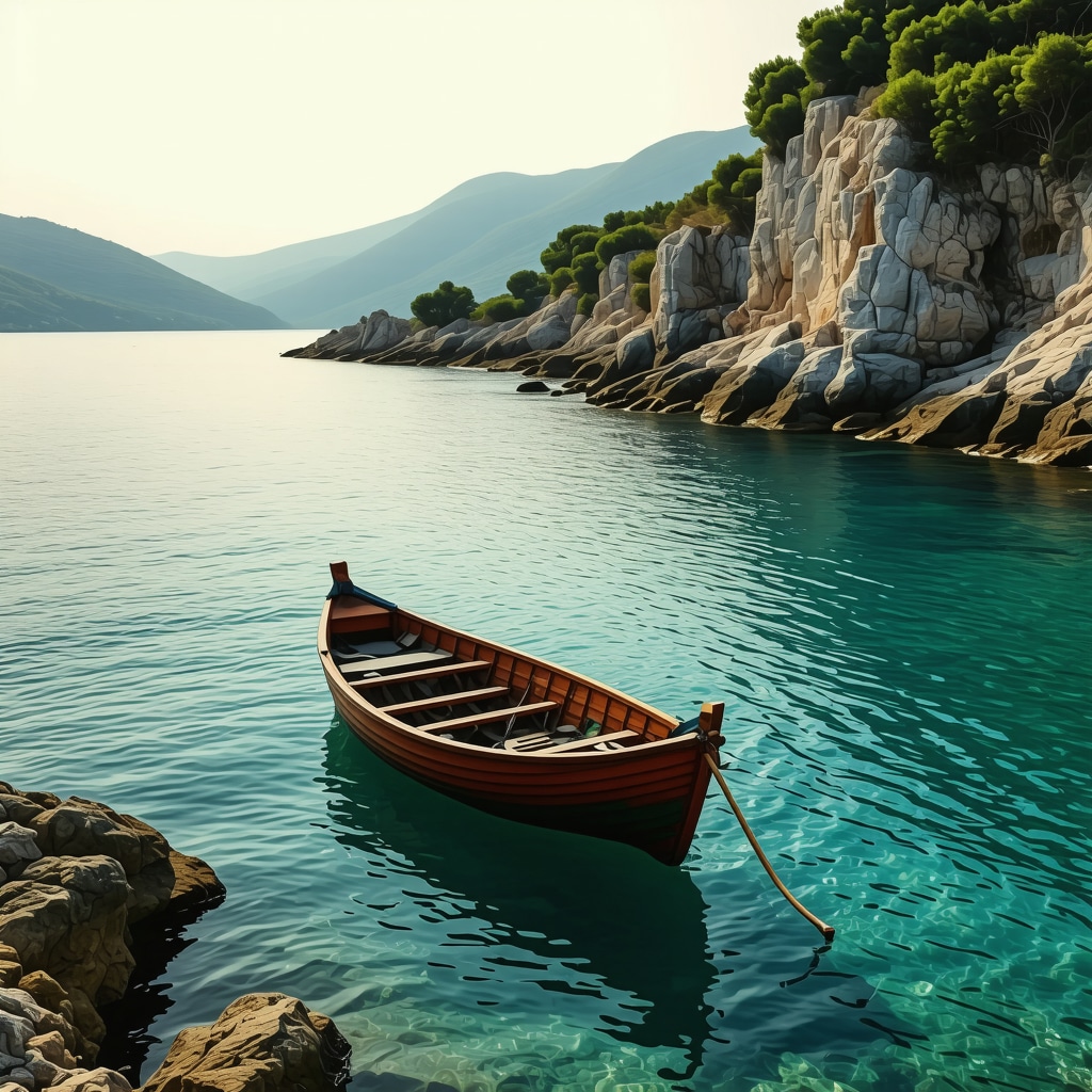 Sunset view of Himara's clear turquoise sea, rocky shore, and greenery with a small fishing boat