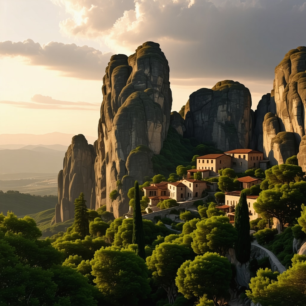 Sunset lighting on Meteora's rock formations and monasteries with long exposure effect