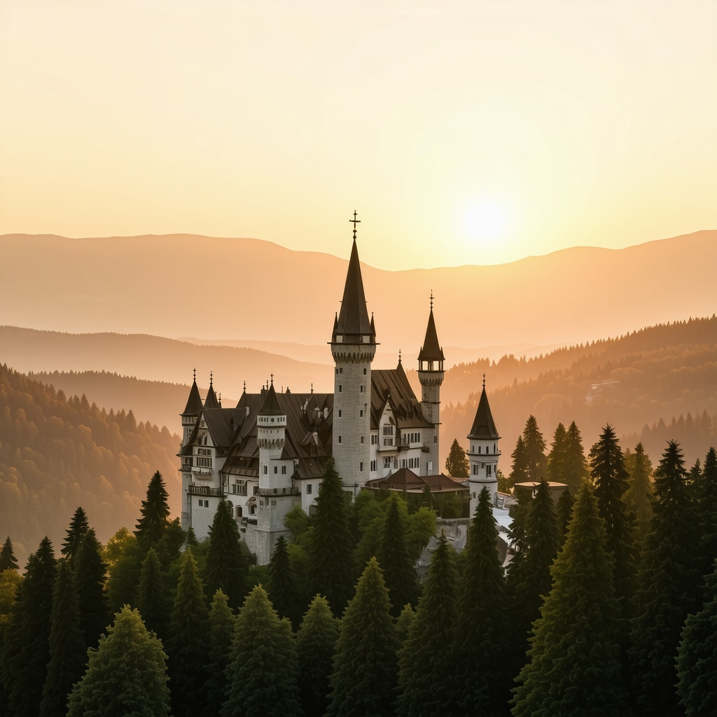 Sunset illuminating Peles Castle architecture and surrounding Carpathian Mountains