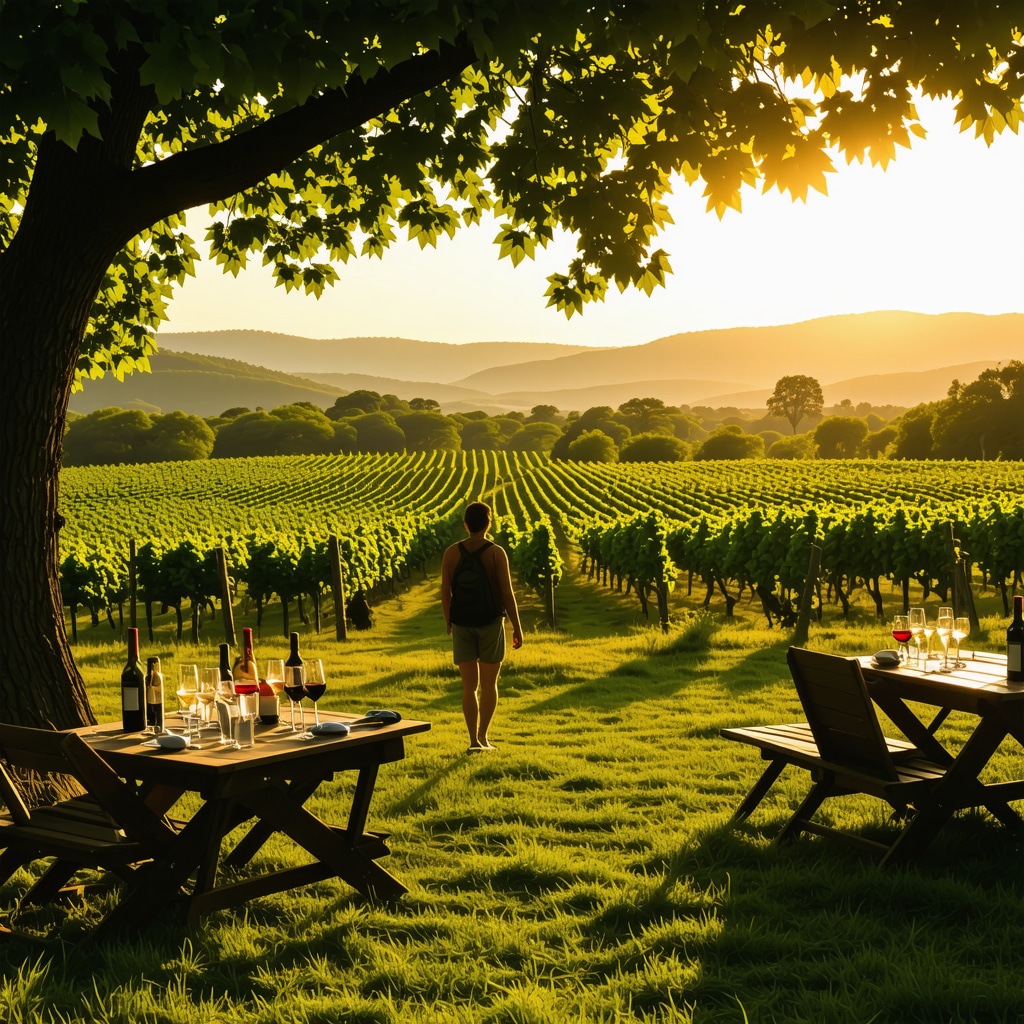 Tikveš vineyards at sunset with hikers walking and wine tasting event in foreground