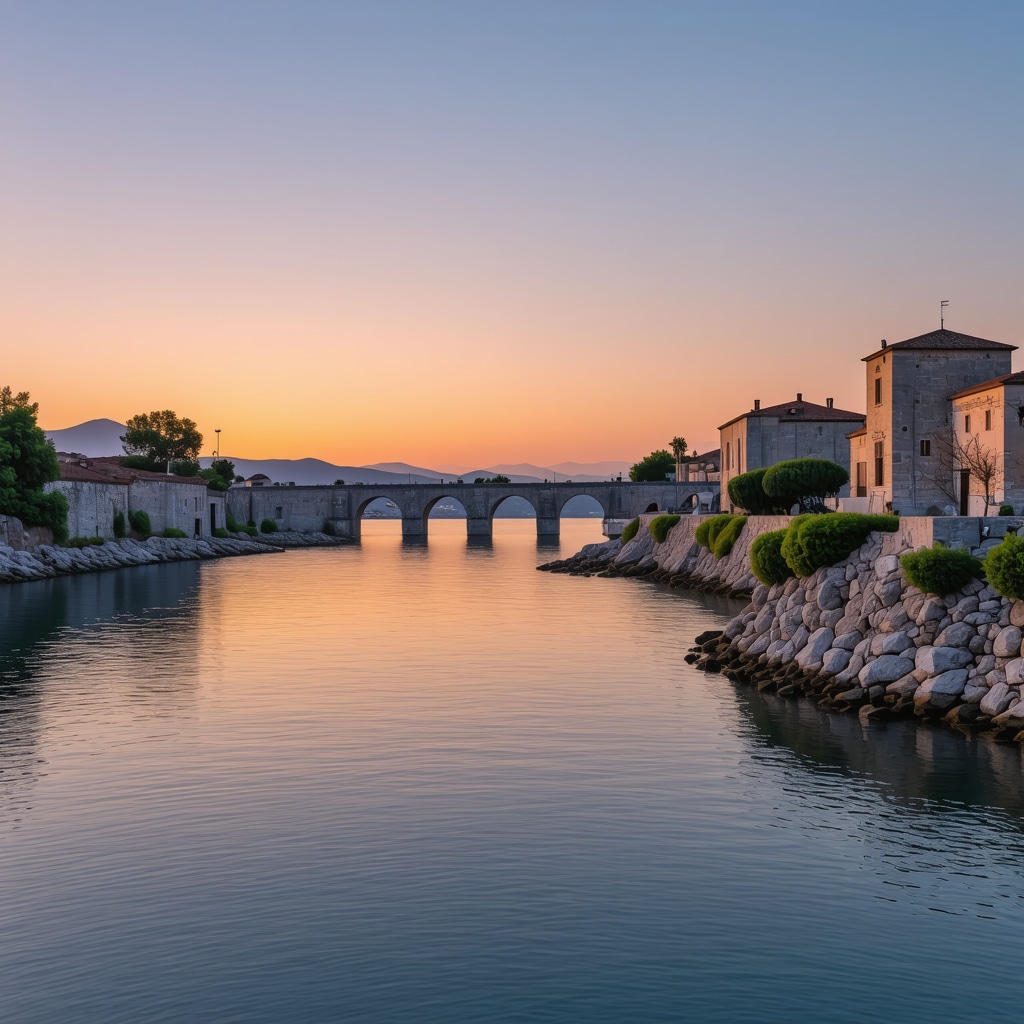 Sunset over Trogir's historic stone bridges surrounded by greenery and Adriatic Sea