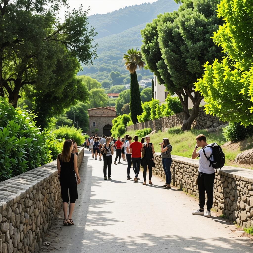 Xanthi'de yeşil doğa yürüyüş yolu ve tarihi binalar