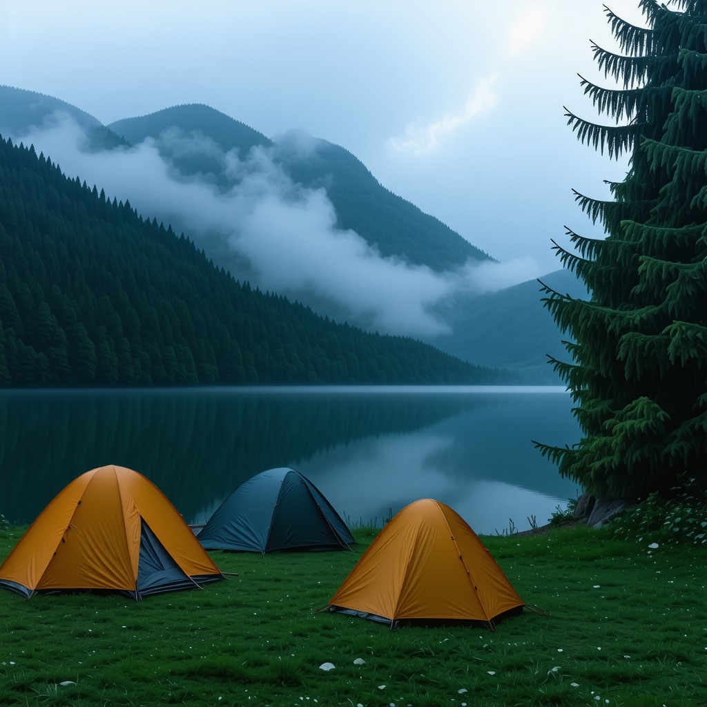 Eco-friendly tents set up near Mavrovo Lake with misty forest and calm water at sunrise