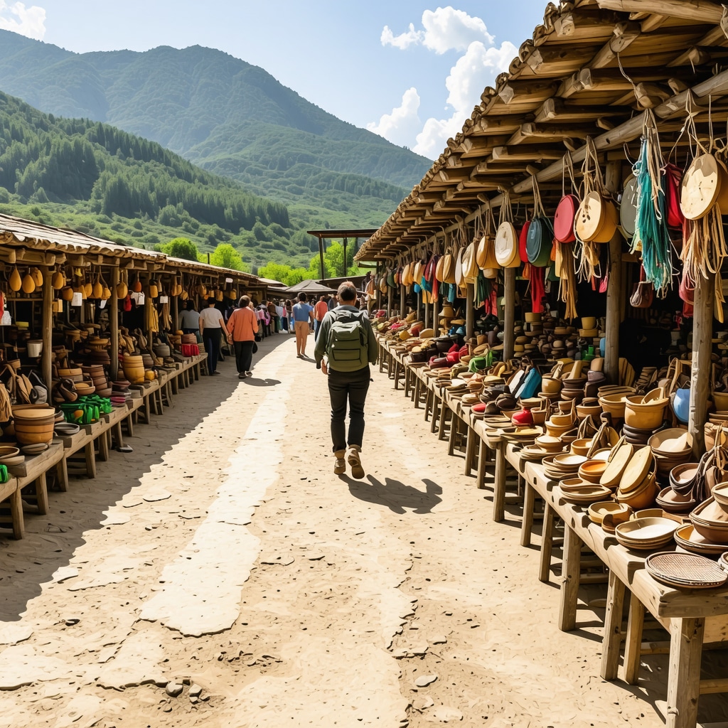 Hikers in Shar Mountains surrounded by diverse flora, local crafts market and traditional village scene in Tetova