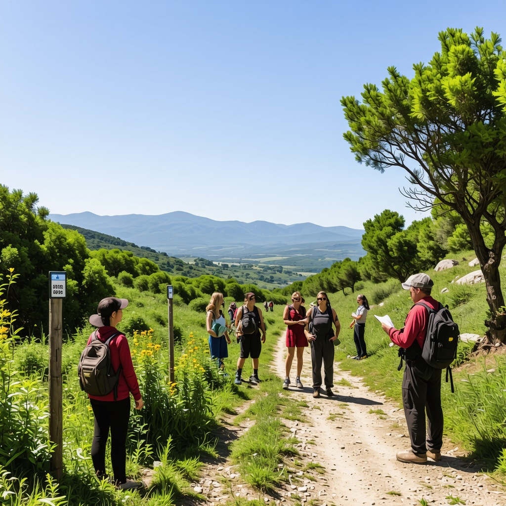Panoramic scene of Lovćen National Park featuring eco-tourism trails, local guides, and diverse flora under sunny weather