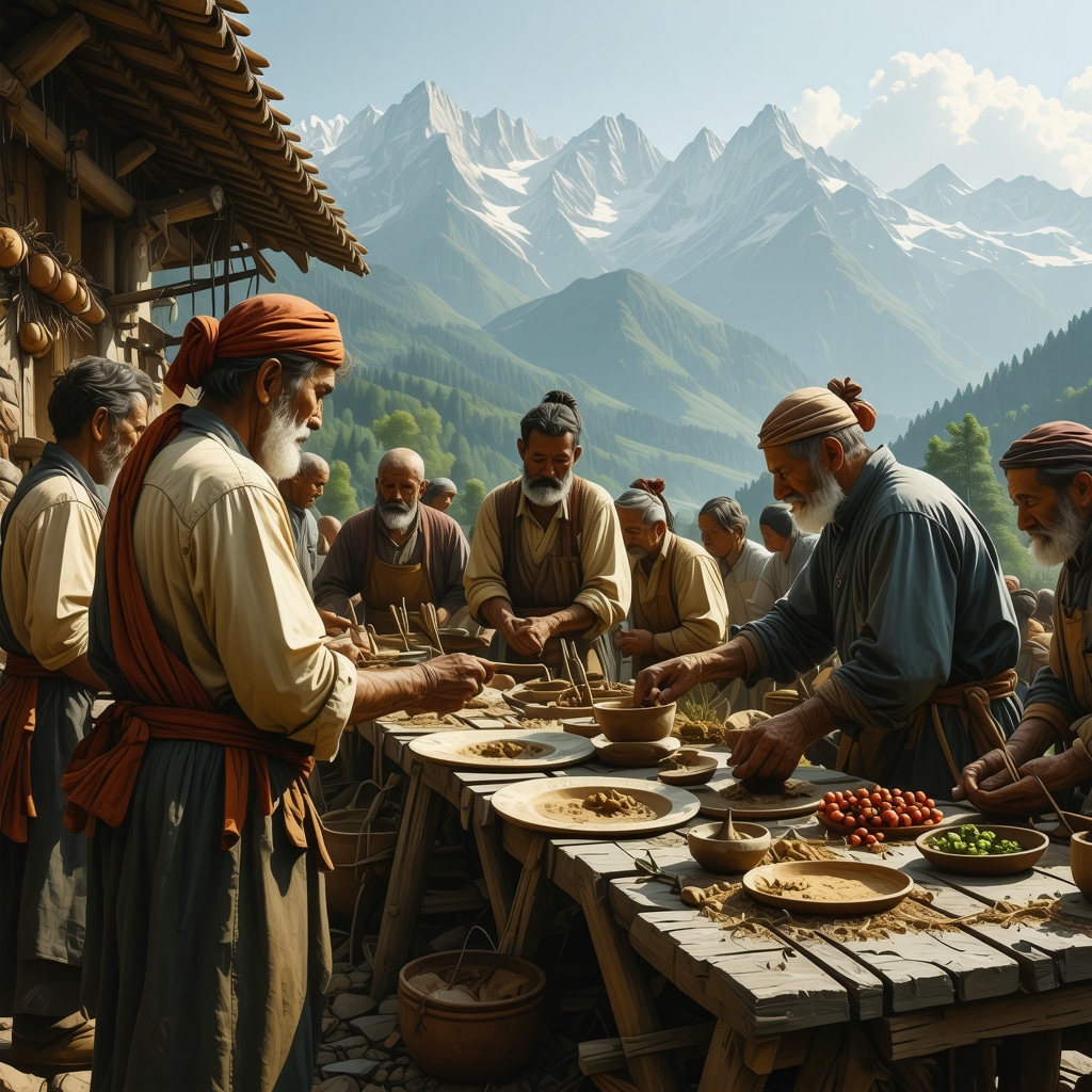 Tourists and local artisans collaborating in a traditional workshop with Sharr Mountains in the background, representing sustainable ecotourism in Tetova