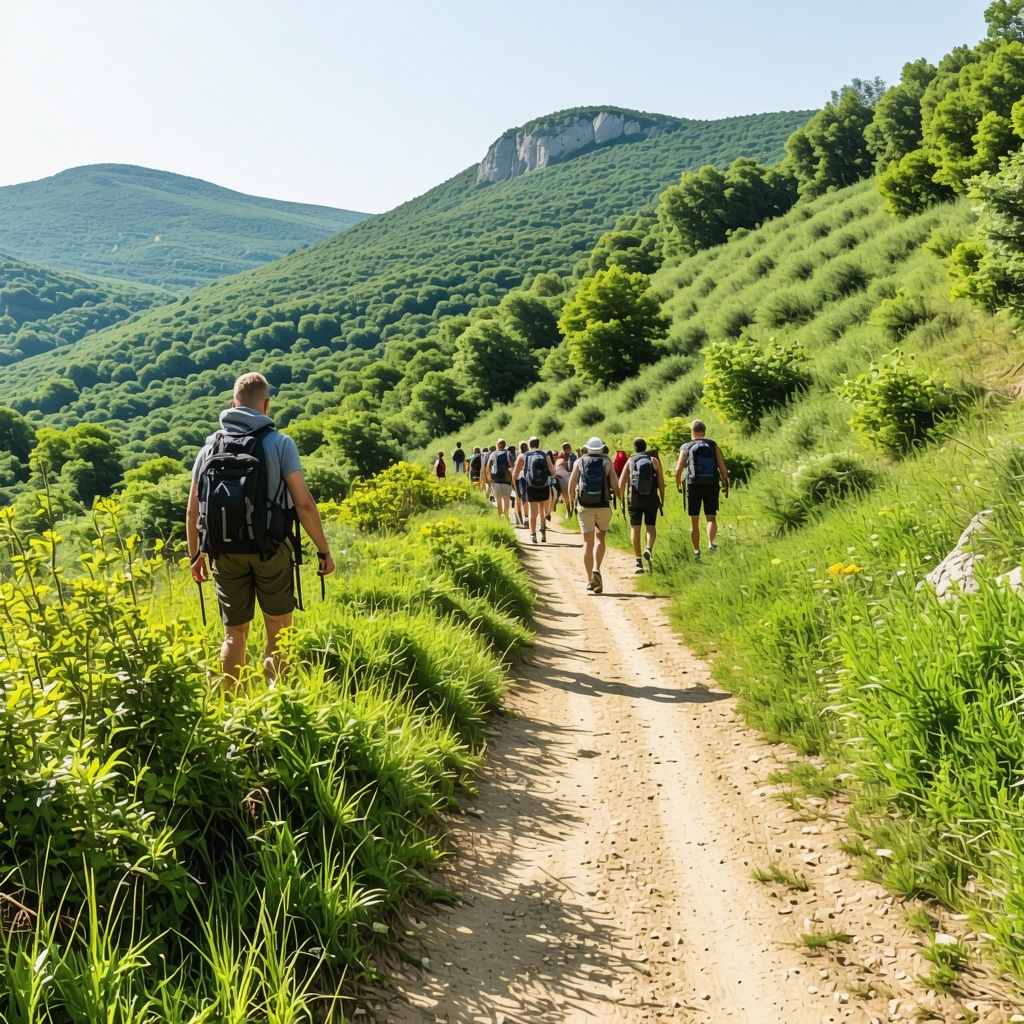 Tourists hiking on sustainable trails in Lovćen National Park guided by local experts with cultural monuments in the background