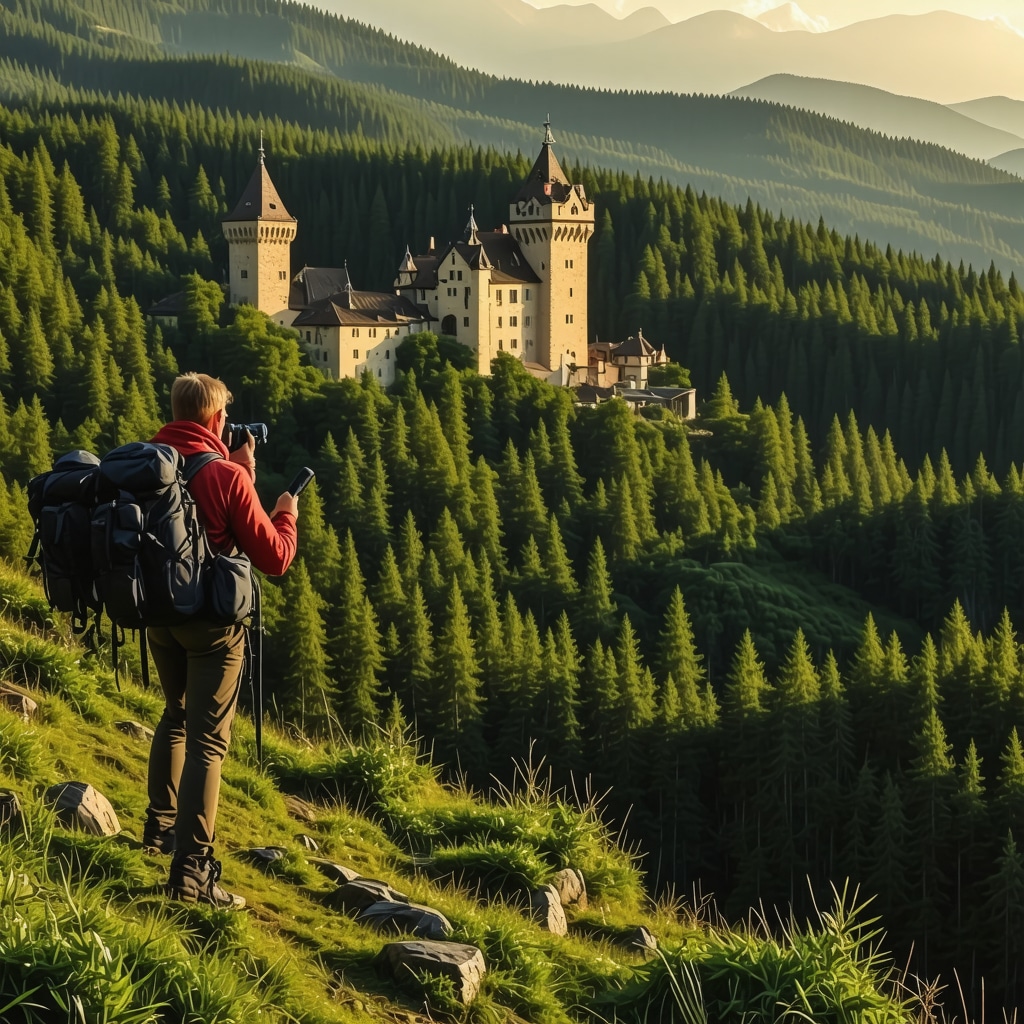 Hikers using GPS and binoculars near Peleş Castle surrounded by lush forests