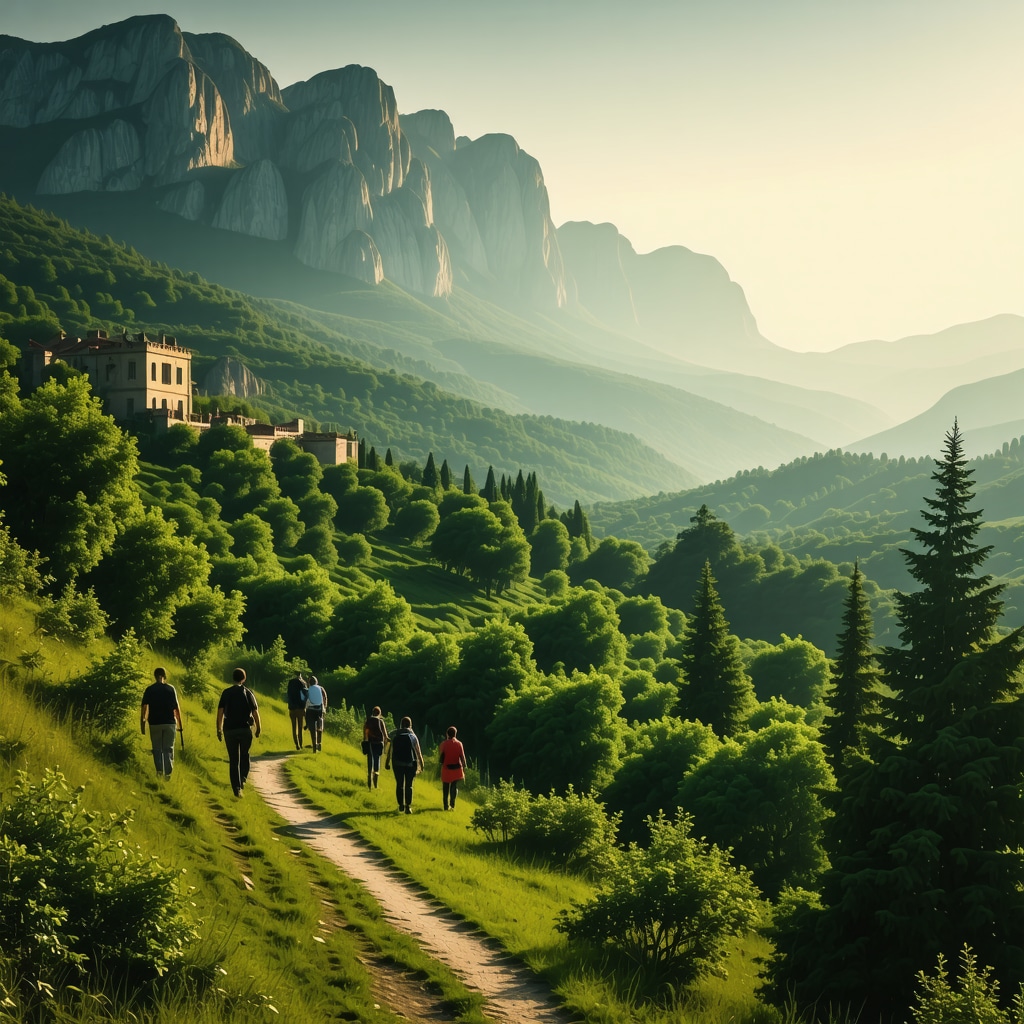Tourists hiking sustainably in Dajti Mountain National Park with Kruja Castle visible in the background