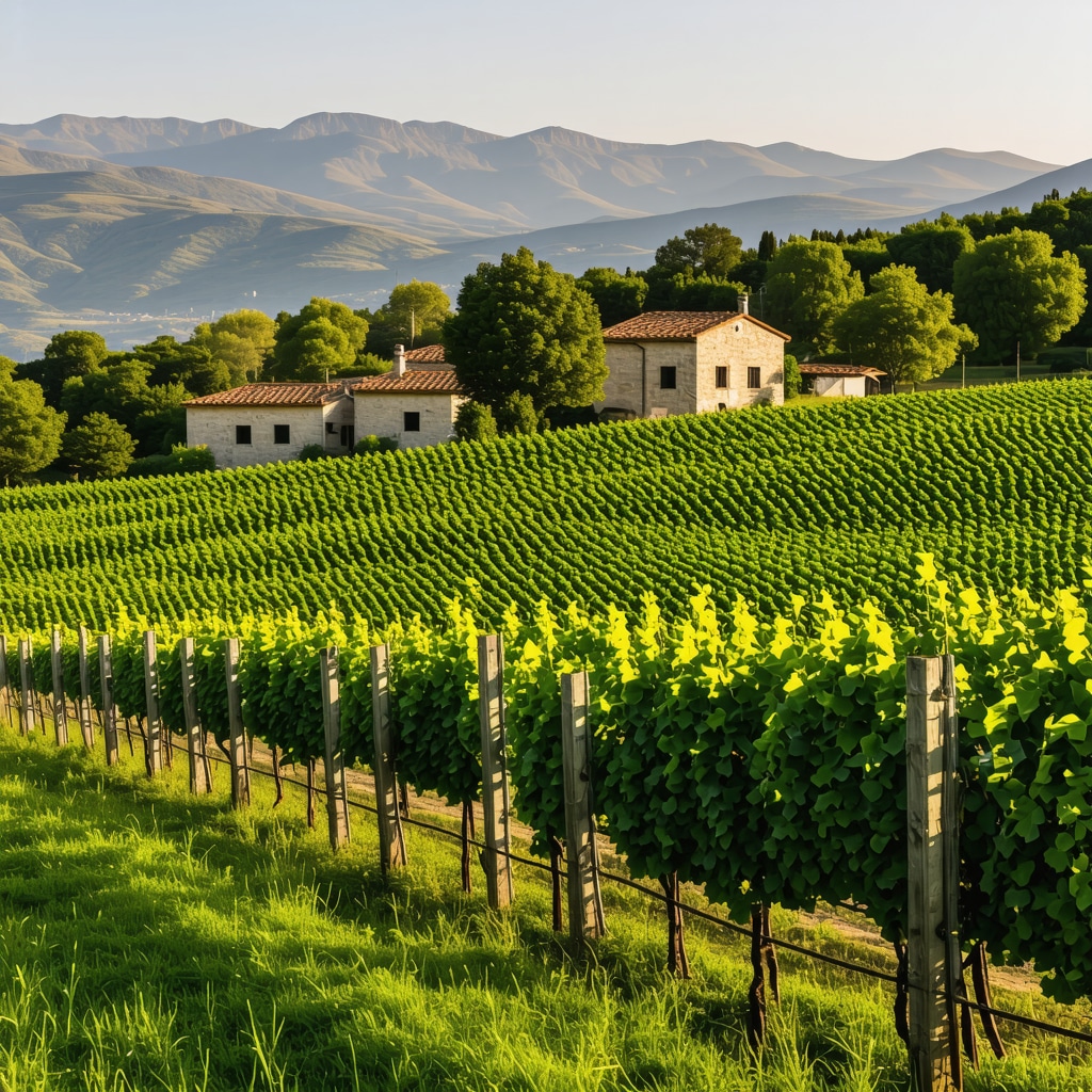 Organic vineyard in Melnik showcasing sustainable grape farming with Rhodope Mountains and traditional stone houses in background
