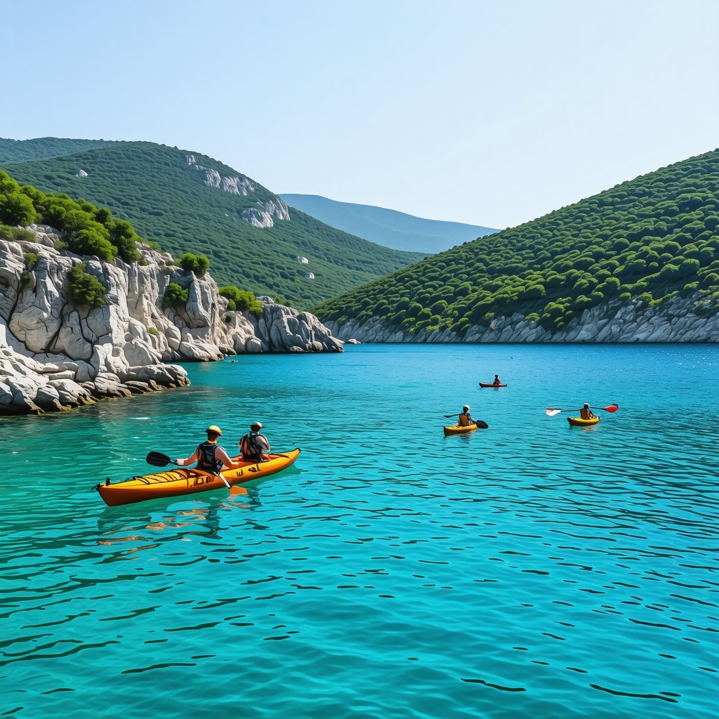 Kayakers and hikers enjoying sustainable nature and sea sports in Himara's clear waters and lush green hills.