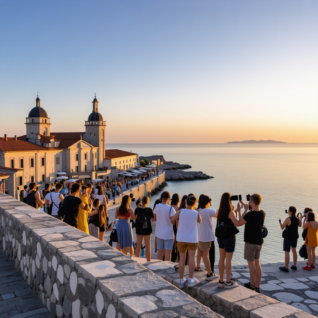 Panoramic sunset view of Piran coastline with solar panels and tourists using augmented reality devices