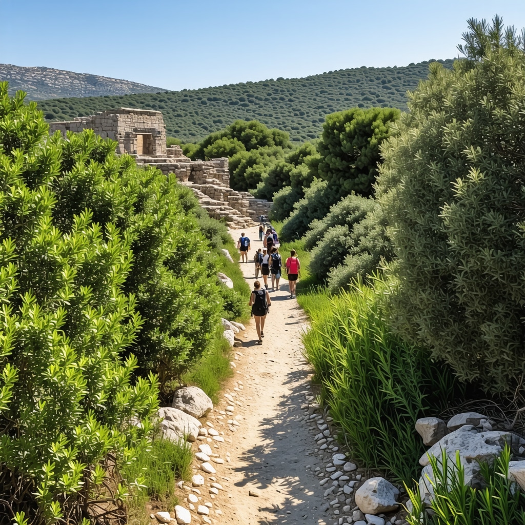Tourists walking on nature trails among ancient ruins and lush vegetation at Apollonia Ancient City demonstrating sustainable tourism