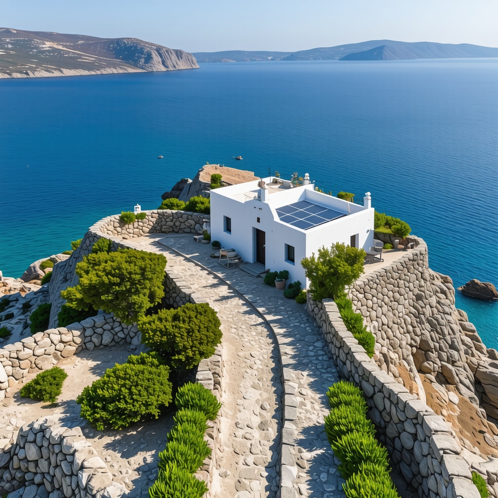 Aerial image of Mikonos with eco-friendly tourism infrastructure and digital augmented reality guides