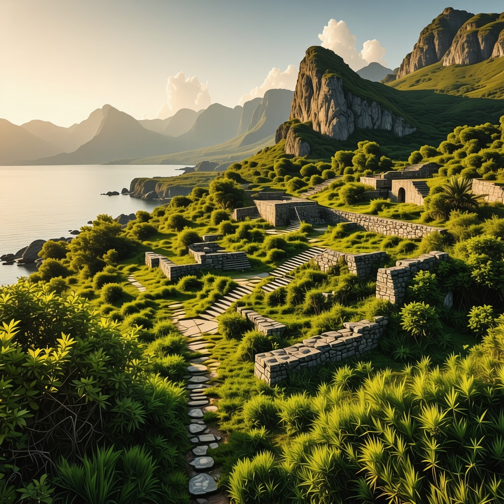 Aerial view of eco-friendly hiking trails and ancient ruins with AR technology in Girit Island