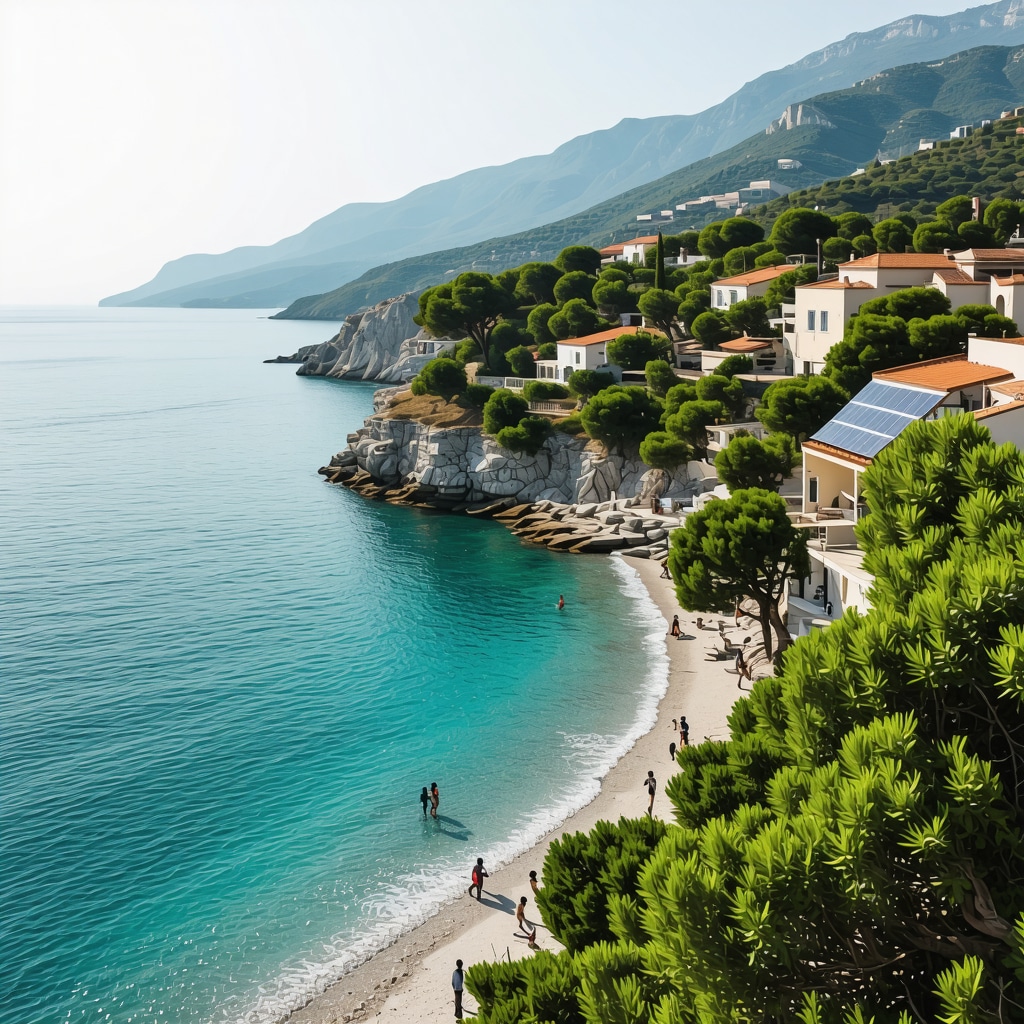 Vlorë coastline with clear sea, tourists with mobile apps, solar panels on buildings, and green hills representing sustainable tourism