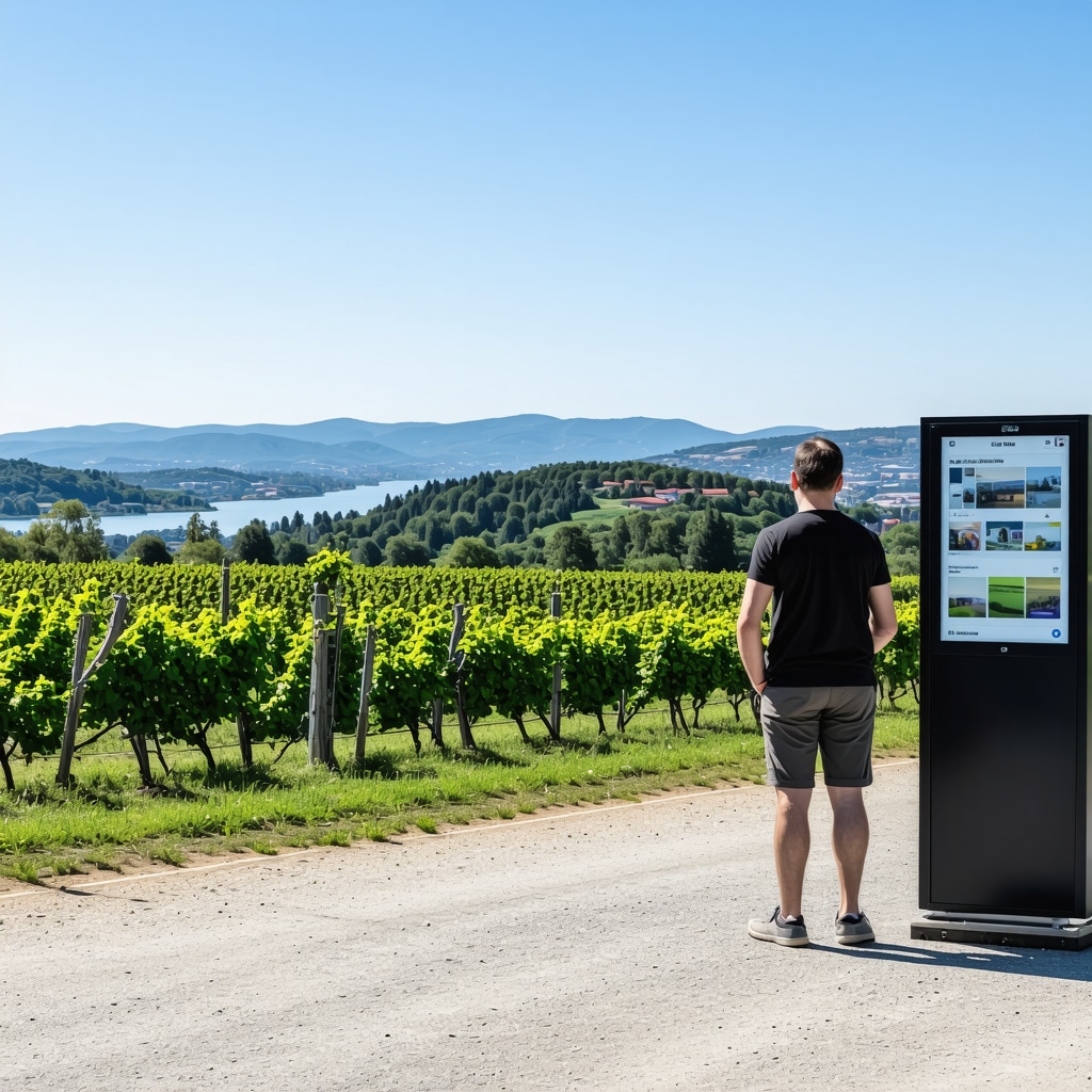 Panoramic view of Maribor showcasing eco-friendly trails, vineyards, and tourists engaging in sustainable activities