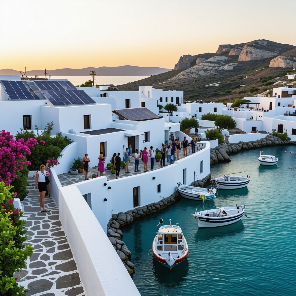Panoramic Mykonos island illustrating sustainable tourism with solar panels, digital apps, and eco-friendly boats